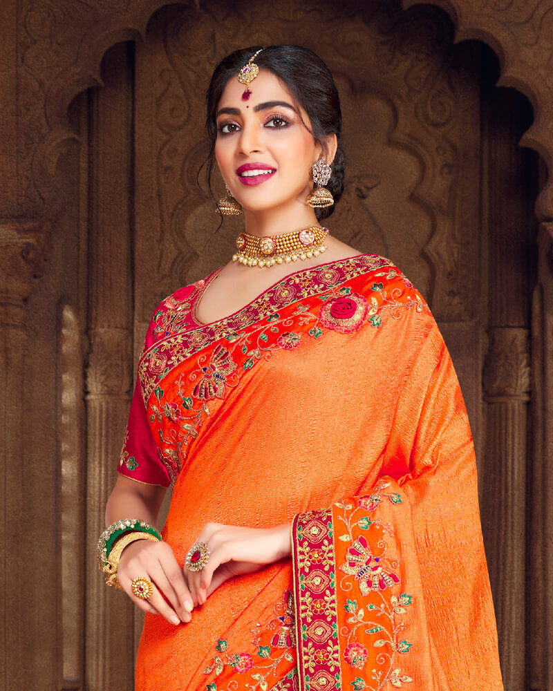 Vishal Prints Orange Art Silk Saree With Embroidery Work