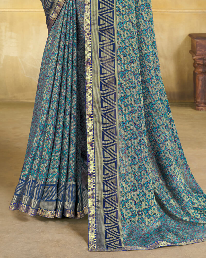 Vishal Prints Teal Blue Brasso Saree With Zari Piping