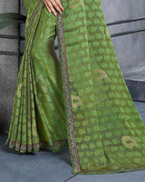 Vishal Prints Olive Green Brasso Saree With Foil Print And Zari Border