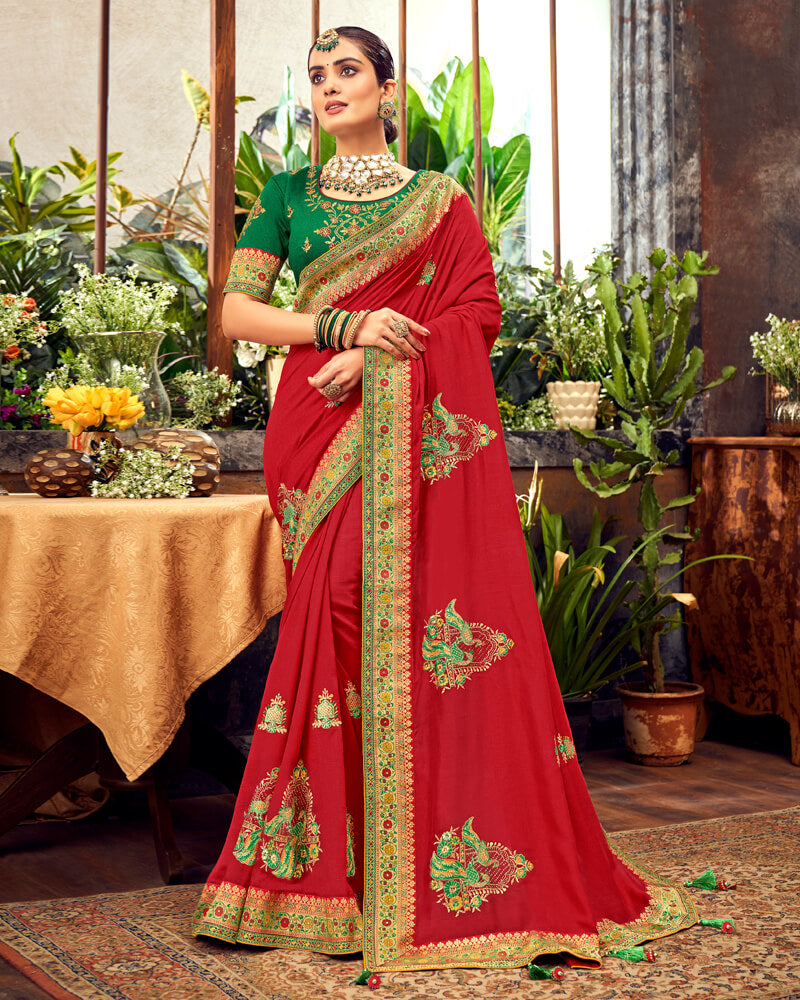 Vishal Prints Pinkish Red Art Silk Saree With Embroidery Work And Tassel