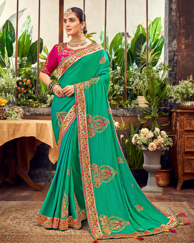 Vishal Prints Aqua Green Art Silk Saree With Embroidery Work And Tassel