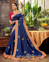 Vishal Prints Ink Blue Art Silk Saree With Embroidery Work And Tassel