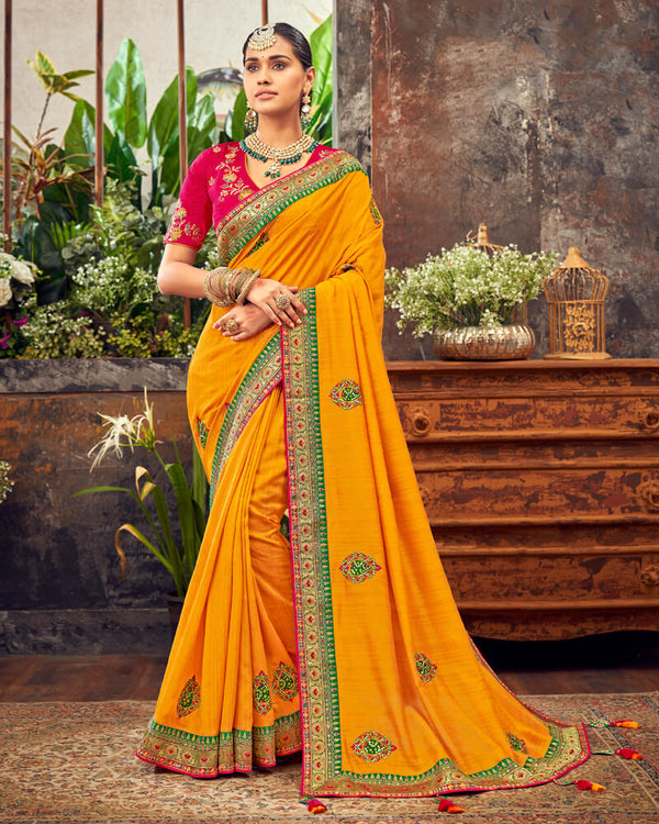 Vishal Prints Yellowish Orange Art Silk Saree With Embroidery Work And Tassel