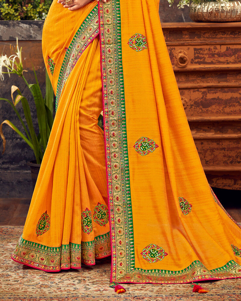 Vishal Prints Yellowish Orange Art Silk Saree With Embroidery Work And Tassel