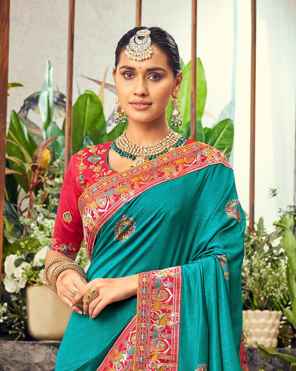 Vishal Prints Teal Green Art Silk Saree With Embroidery Work And Tassel