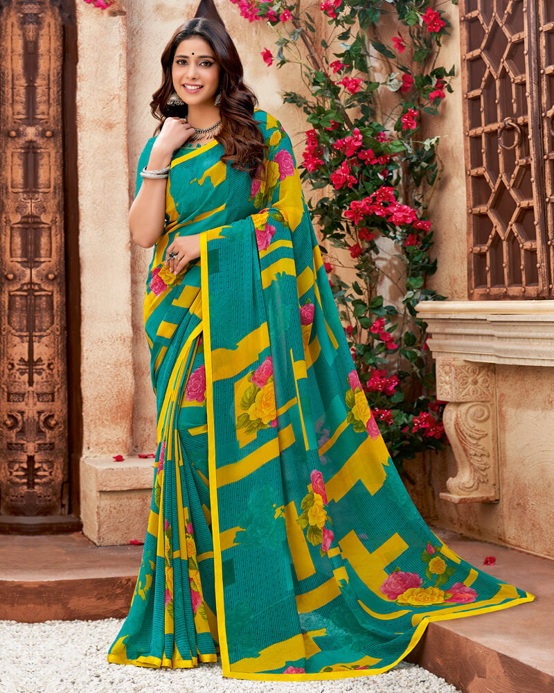 Vishal Prints Teal Green Printed Georgette Saree With Piping