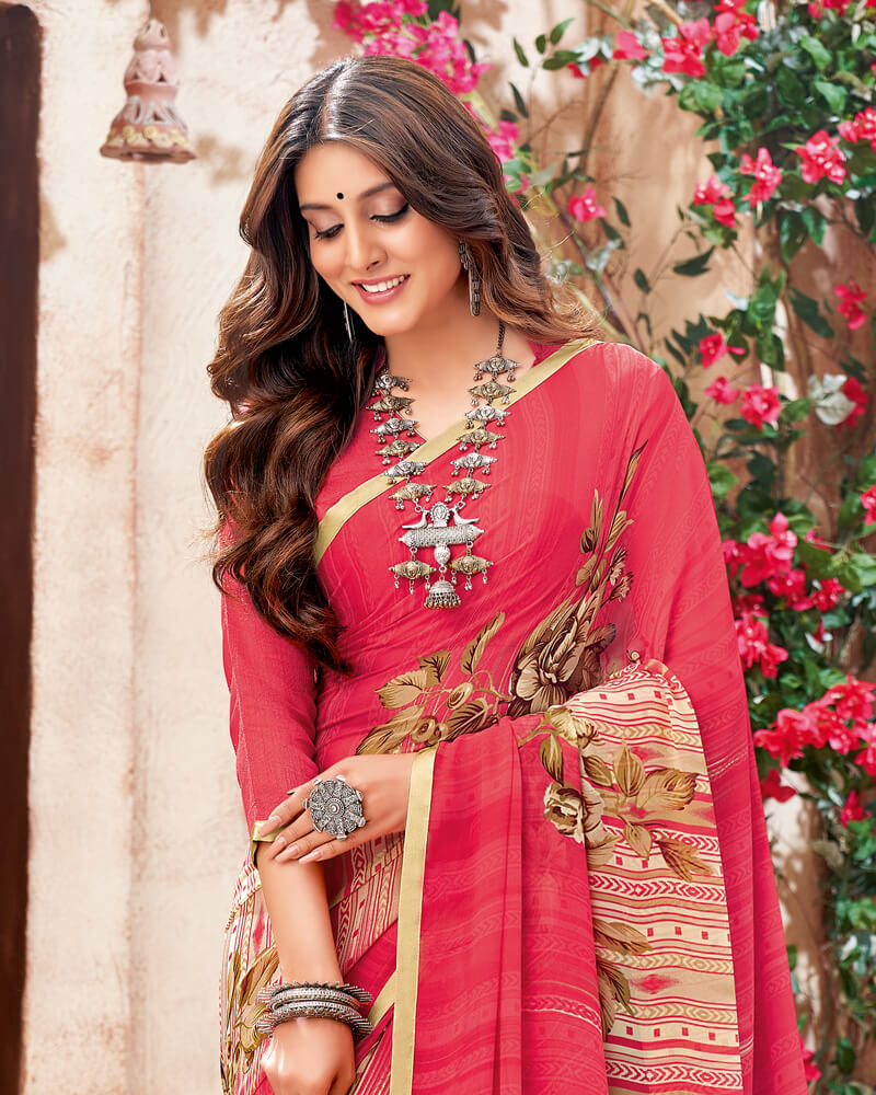 Vishal Prints Red Pink Printed Georgette Saree With Piping