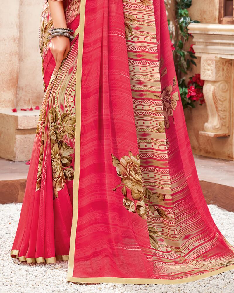Vishal Prints Red Pink Printed Georgette Saree With Piping