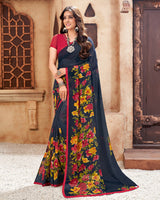 Vishal Prints Navy Blue Printed Georgette Saree With Piping