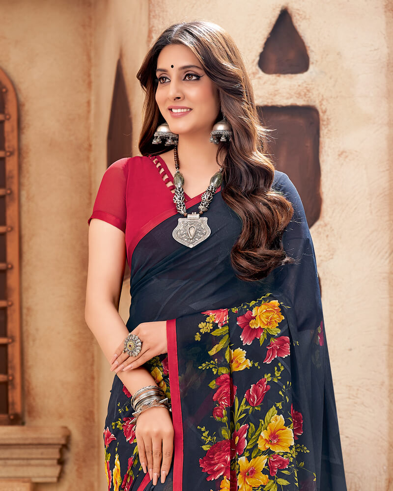 Vishal Prints Navy Blue Printed Georgette Saree With Piping