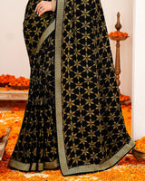 Vishal Prints Black Crushed Brasso Saree With Foil Print And Zari Border