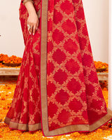 Vishal Prints Cherry Red Crushed Brasso Saree With Foil Print And Zari Border