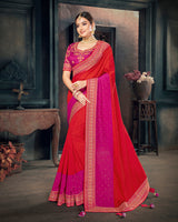 Vishal Prints Cherry Red And Rani Art Silk Embroidery And Stone Work Saree With Tassel