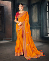 Vishal Prints Orange And Dark Red Art Silk Embroidery And Stone Work Saree With Tassel