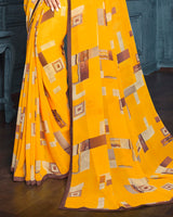 Vishal Prints Golden Yellow Digital Print Georgette Saree With Piping