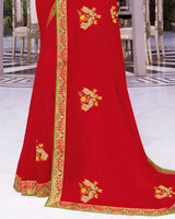 Vishal Prints Cherry Red Chiffon Saree With Embroidery Work And Fancy Border