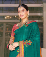 Vishal Prints Rama Green Chiffon Saree With Embroidery Work And Fancy Border