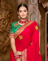 Vishal Prints Pinkish Red Art Silk Saree With Embroidery Work