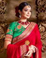 Vishal Prints Pinkish Red Art Silk Saree With Embroidery Work