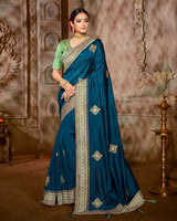 Vishal Prints Peacock Blue Art Silk Saree With Embroidery Work