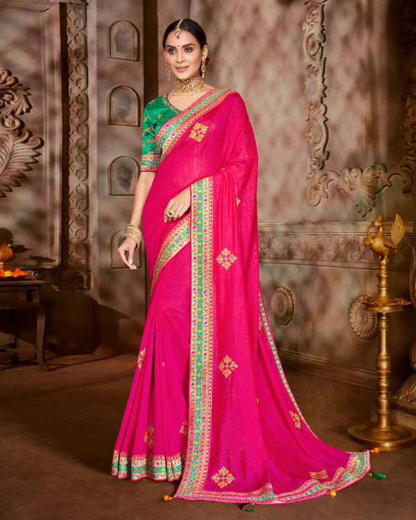 Vishal Prints Red Pink Art Silk Saree With Embroidery Work