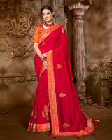 Vishal Prints Cherry Red Art Silk Saree With Embroidery Work