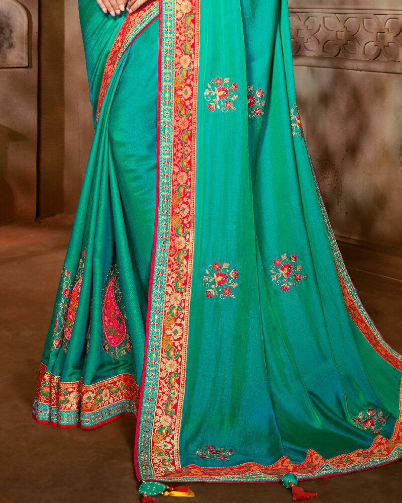 Vishal Prints Aqua Green Art Silk Saree With Embroidery Work