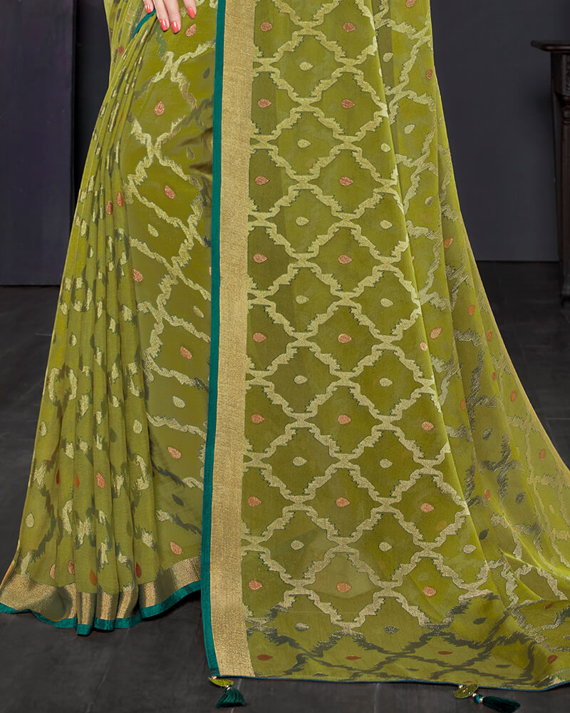Vishal Prints Mehandi Green Brasso Saree With Foil Print And Tassel