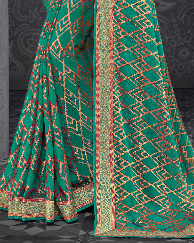 Vishal Prints Teal Green Brasso Saree With Jari Border And Foil Print