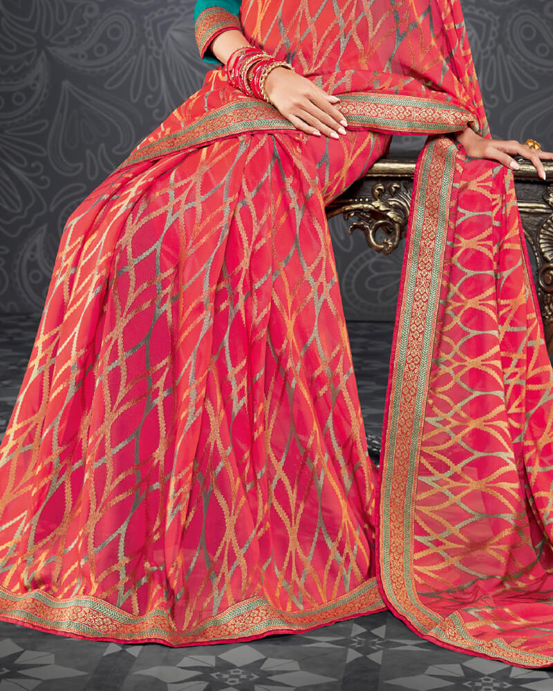 Vishal Prints Pastel Red Brasso Saree With Jari Border And Foil Print