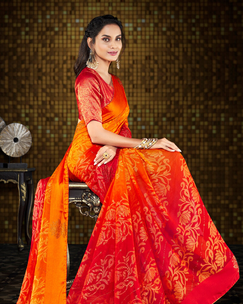 Vishal Prints Orange And Cherry Red Brasso Saree With Foil Print And Tassel