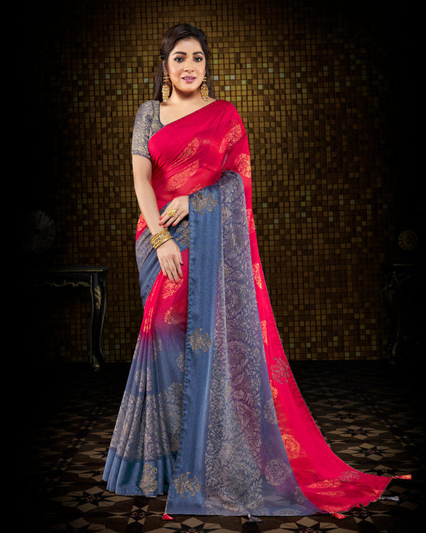 Vishal Prints Pinkish Red And Pastel Blue Brasso Saree With Foil Print And Tassel