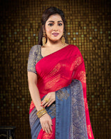 Vishal Prints Pinkish Red And Pastel Blue Brasso Saree With Foil Print And Tassel