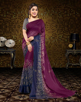 Vishal Prints Wine And Navy Blue Brasso Saree With Foil Print And Tassel