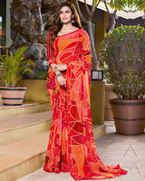 Vishal Prints Cherry Red Digital Print Georgette Saree With Piping