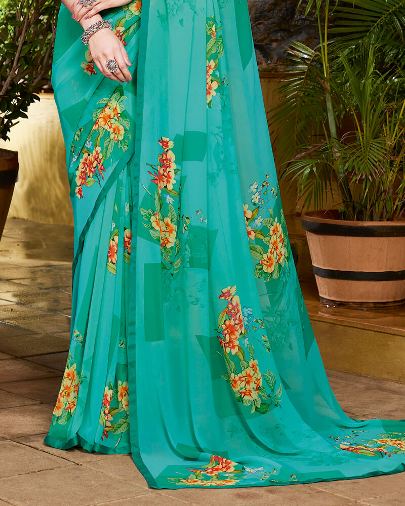Vishal Prints Turquoise Blue Digital Print Georgette Saree With Piping