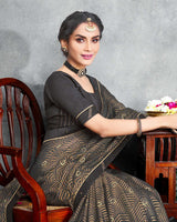 Vishal Prints Dark Grey Brasso Saree With Foil Print And Jari Border