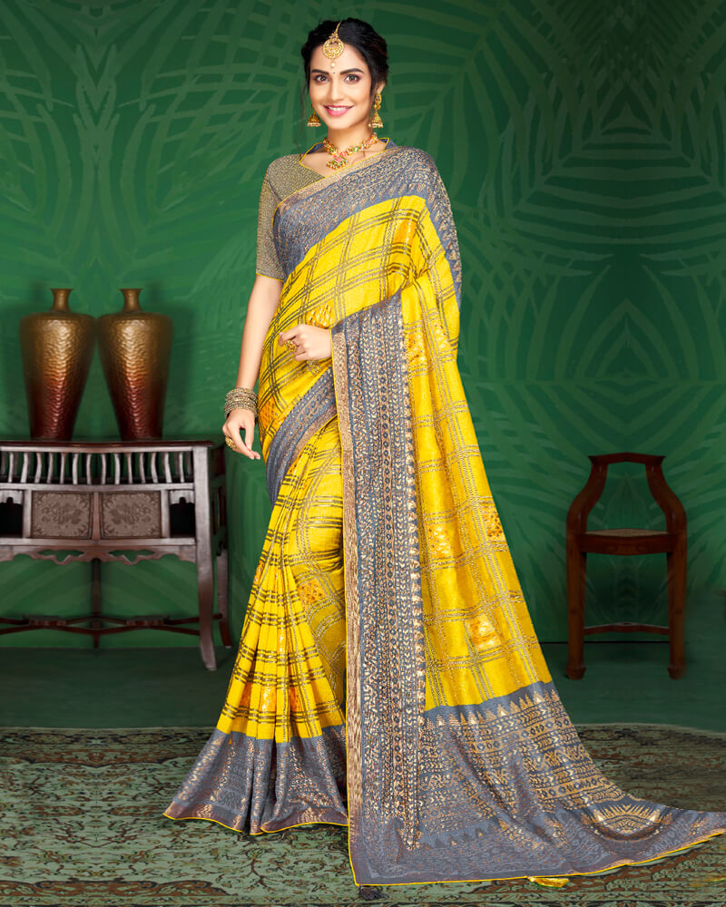 Vishal Prints Yellow And Cool Grey Brasso Saree With Foil Print And Jari Border