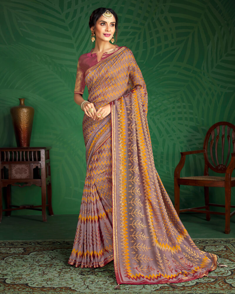 Vishal Prints Mauve And Golden Yellow Brasso Saree With Foil Print And Jari Border
