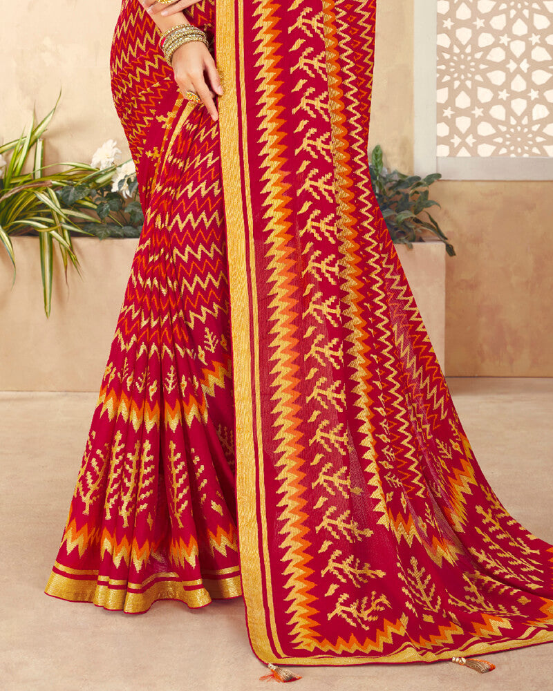 Vishal Prints Cherry Red Brasso Saree With Foil Print And Tassel