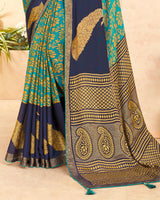 Vishal Prints Dark Turquoise Blue Brasso Saree With Foil Print And Tassel