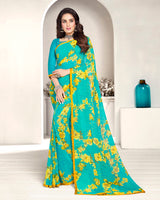 Vishal Prints Dark Turquoise Blue And Yellow Printed Georgette Saree With Piping