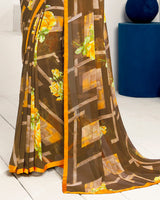 Vishal Prints Coffee Brown And Golden Yellow Printed Georgette Saree With Piping