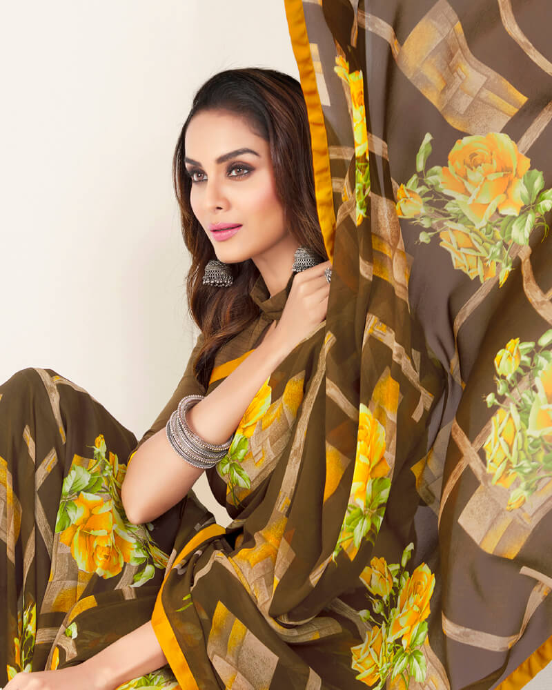 Vishal Prints Coffee Brown And Golden Yellow Printed Georgette Saree With Piping