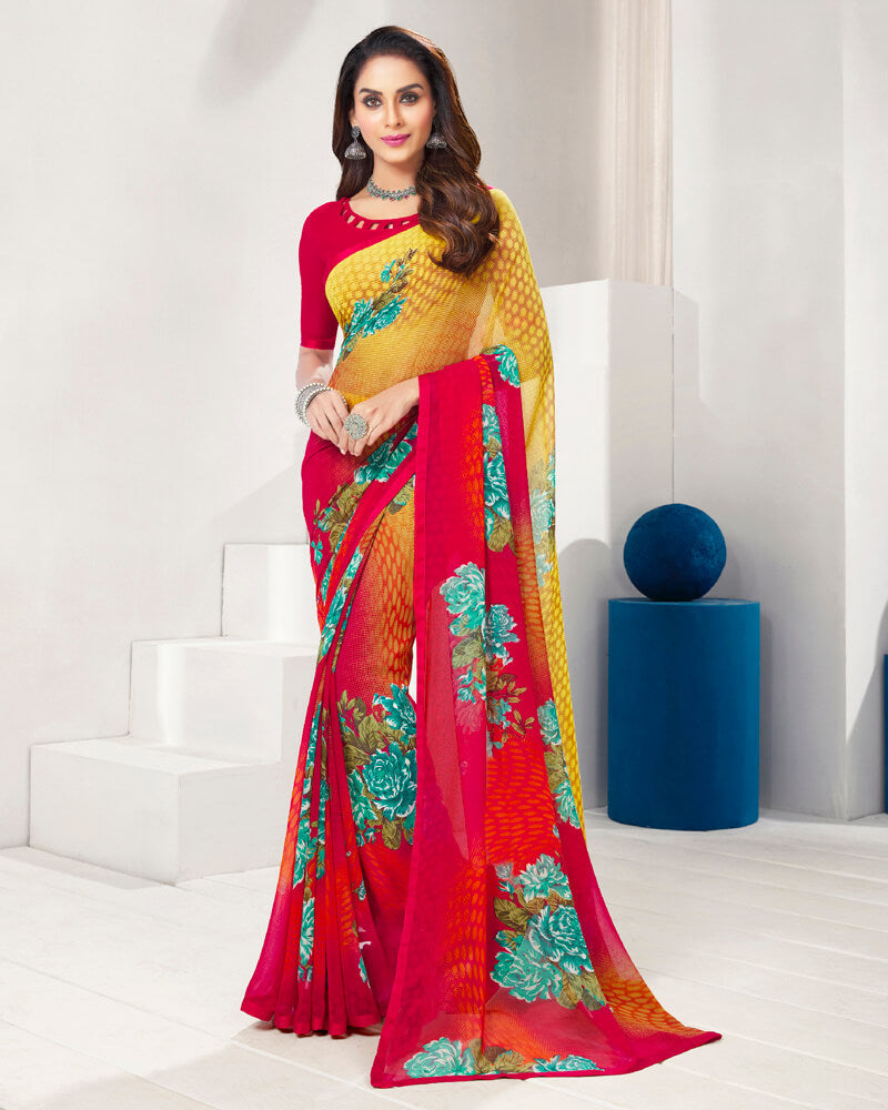 Vishal Prints Light Yellow And Cherry Red Printed Georgette Saree With Piping