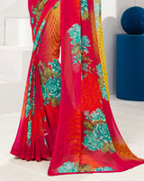 Vishal Prints Light Yellow And Cherry Red Printed Georgette Saree With Piping