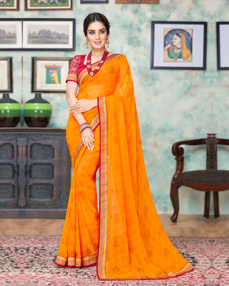 Vishal Prints Orange And Cherry Red Chiffon Saree With Foil Print And Jari Border
