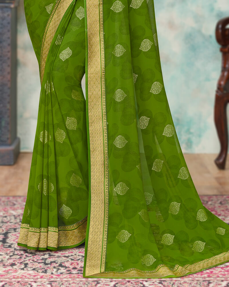 Vishal Prints Dark Olive Green Chiffon Saree With Foil Print And Jari Border