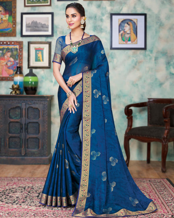 Vishal Prints Dark Blue Chiffon Saree With Foil Print And Jari Border