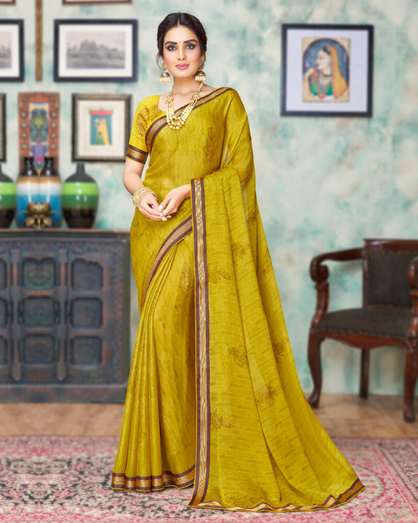 Vishal Prints Olive Yellow And Brown Chiffon Saree With Foil Print And Jari Border